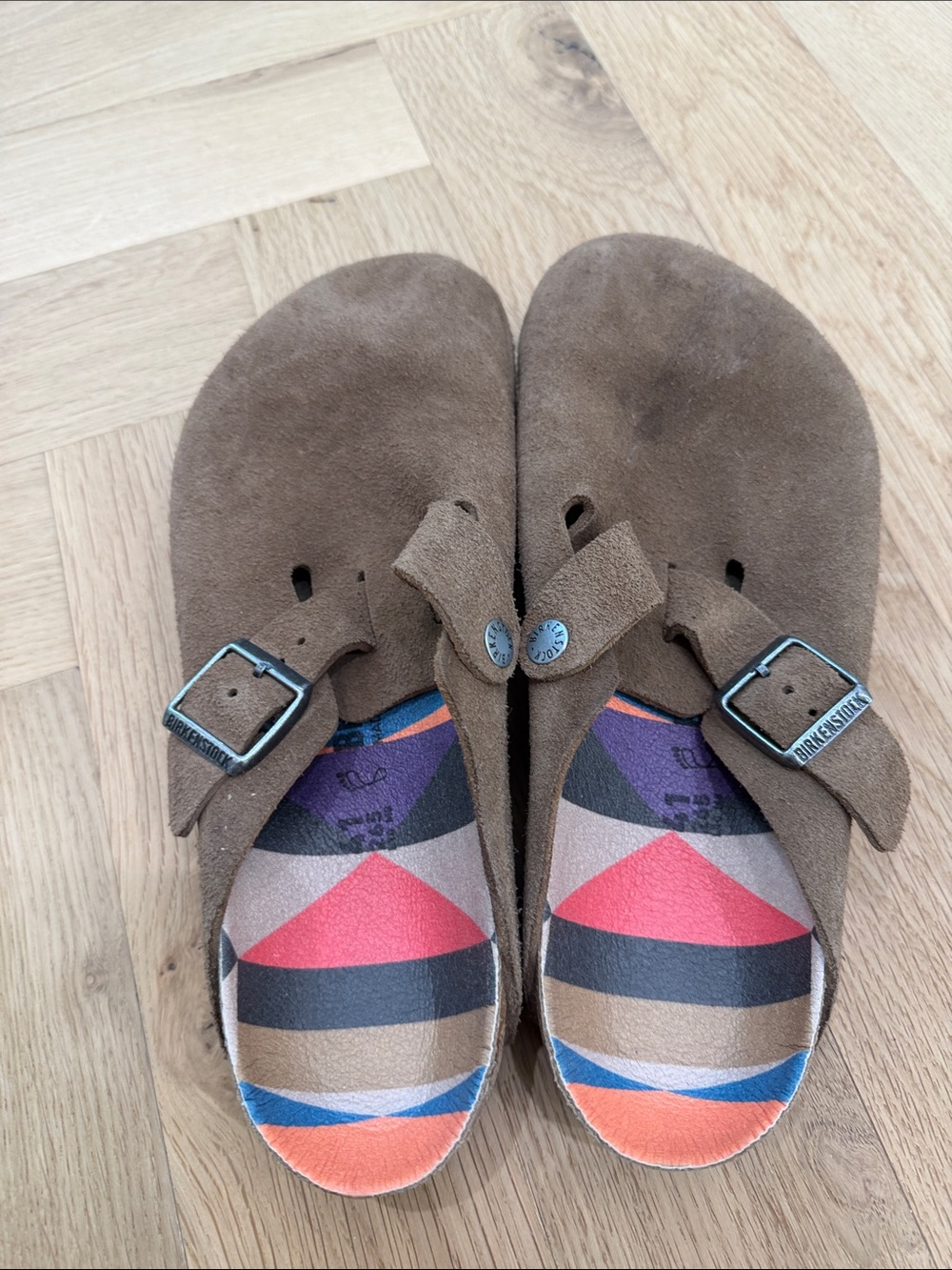 Birkenstock Brown Suede Clogs with Colorful Geometric Insole